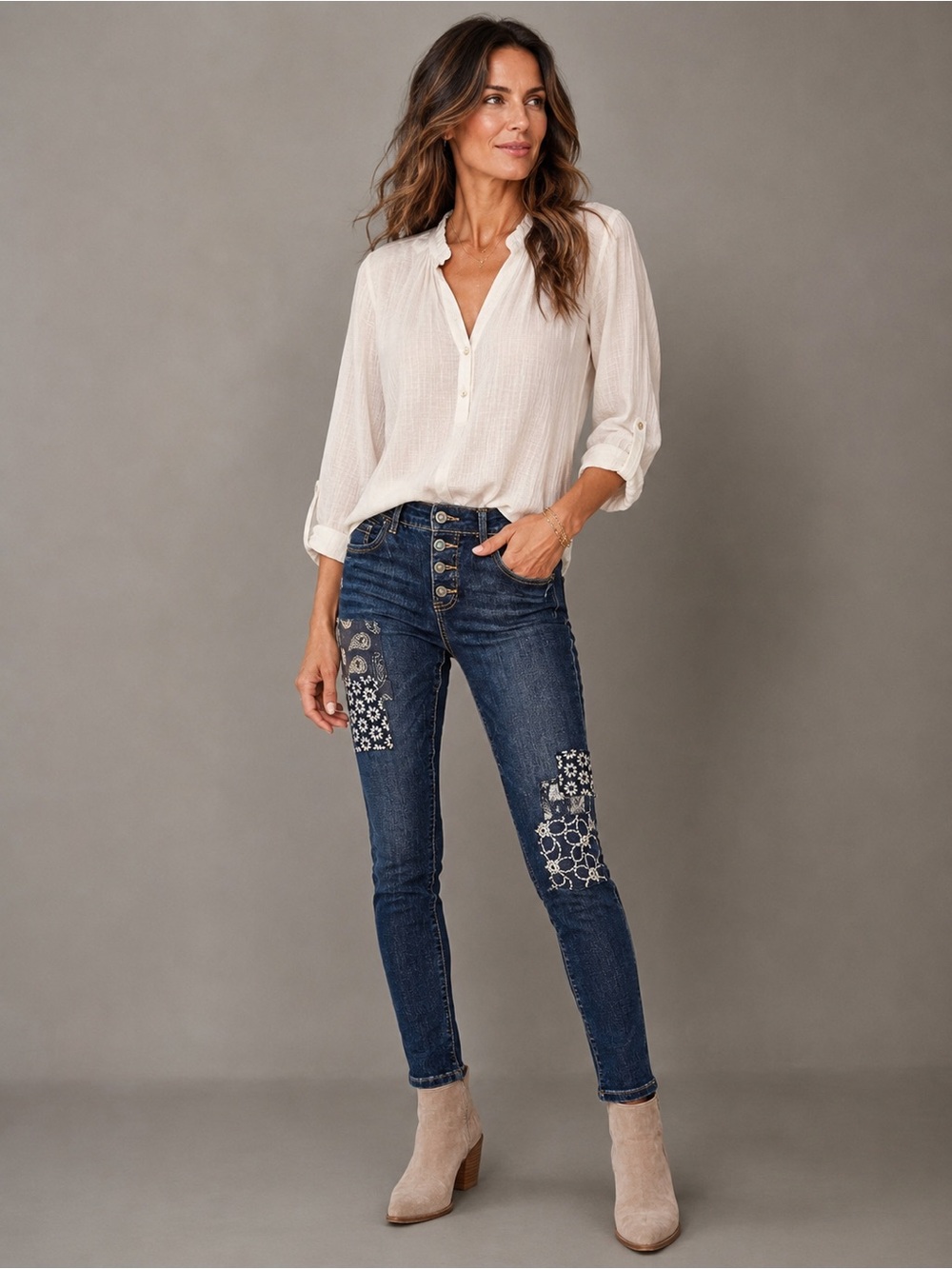 Marbella Embroidered Patchwork Jeans | Button Fly Boutique Denim | NWT SZ 14